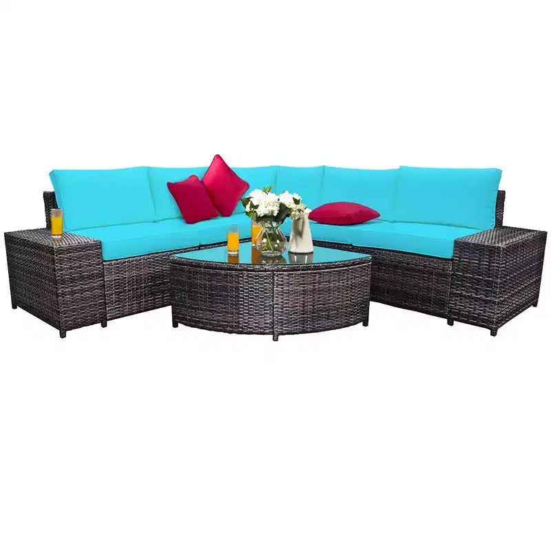 Costway Ensemble de Meubles de Jardin 6 pièces en Rotin, Canapé Coussins Accoudoirs, Turquoise\Blanc