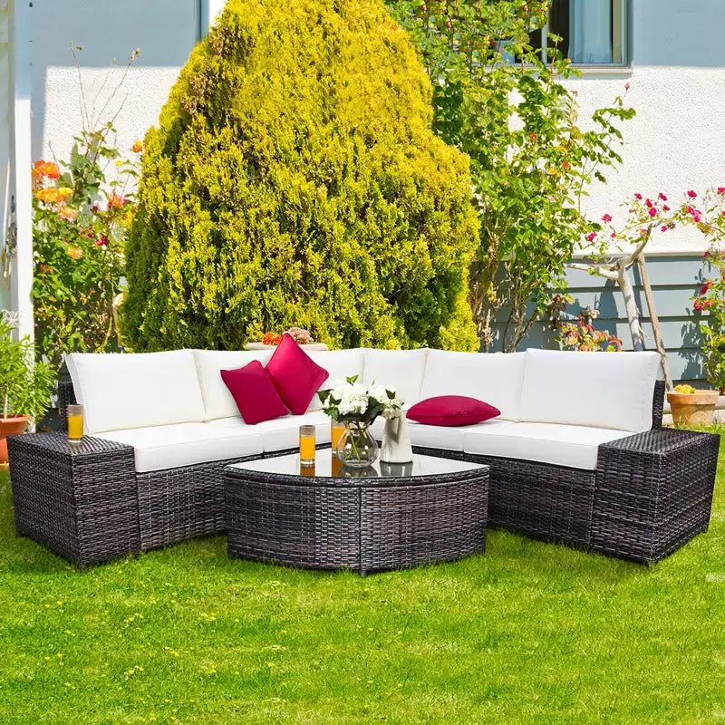 Costway Ensemble de Meubles de Jardin 6 pièces en Rotin, Canapé Coussins Accoudoirs, Turquoise\Blanc