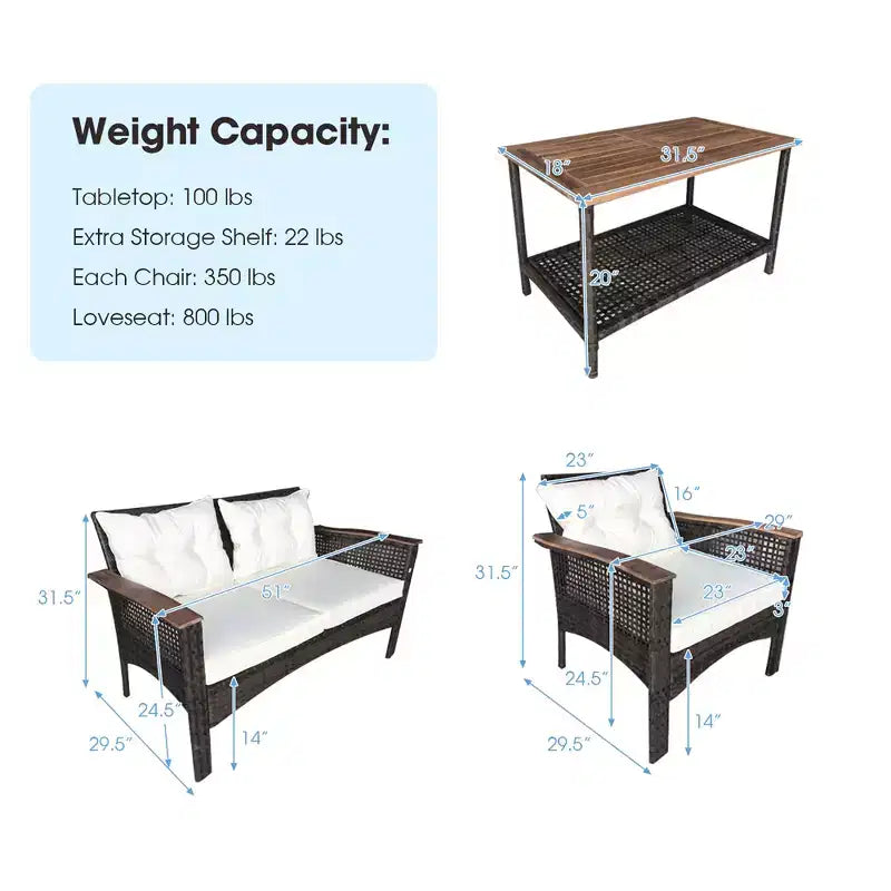 Costway Ensemble de 4 Meubles de Patio en Rotin et Bois d'Acacia avec Coussins Canapé Accoudoirs pour Terrasse