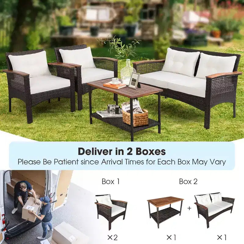 Costway Ensemble de 4 Meubles de Patio en Rotin et Bois d'Acacia avec Coussins Canapé Accoudoirs pour Terrasse
