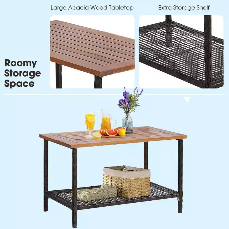 Costway Ensemble de 4 Meubles de Patio en Rotin et Bois d'Acacia avec Coussins Canapé Accoudoirs pour Terrasse