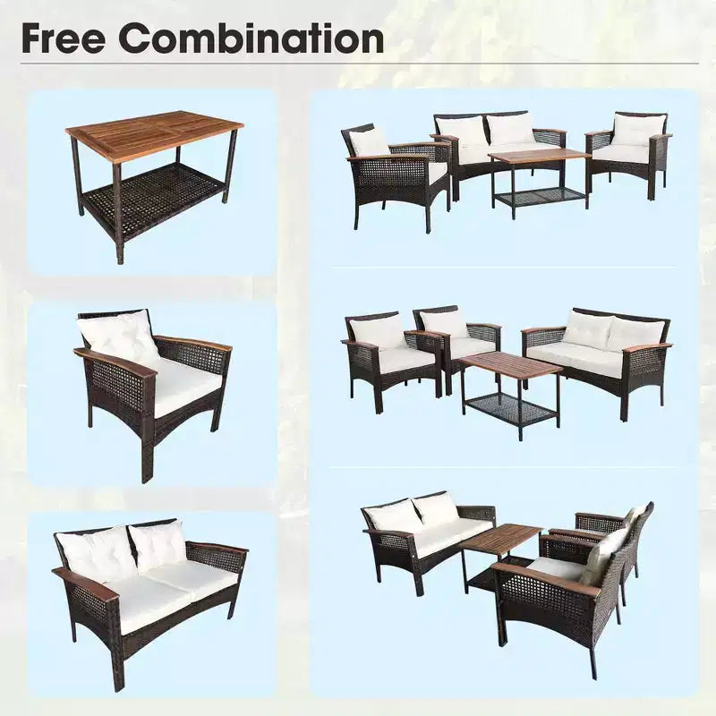 Costway Ensemble de 4 Meubles de Patio en Rotin et Bois d'Acacia avec Coussins Canapé Accoudoirs pour Terrasse