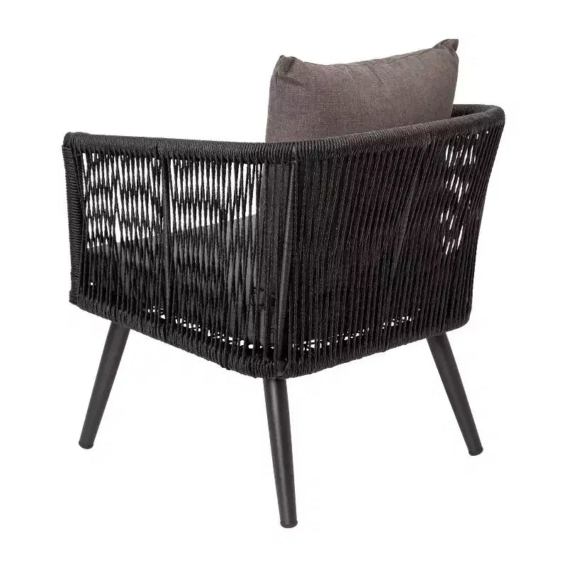 Ensemble de conversation quatre pièces Emma et Oliver tissé gris et noir tout temps avec coussins et table basse en métal pour véranda, cour arrière et patio
