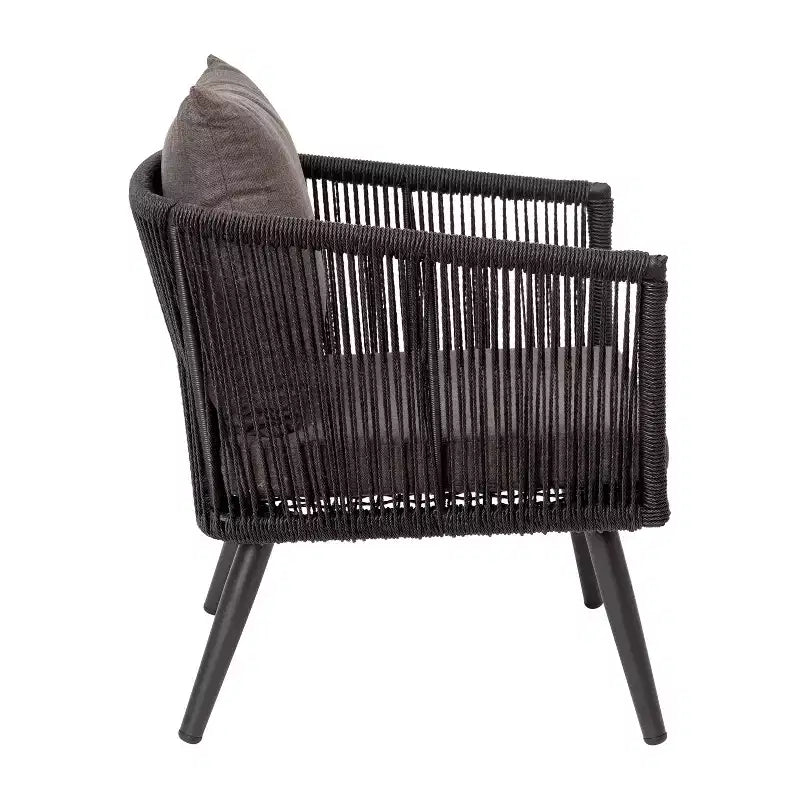 Ensemble de conversation quatre pièces Emma et Oliver tissé gris et noir tout temps avec coussins et table basse en métal pour véranda, cour arrière et patio