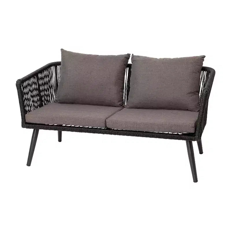 Ensemble de conversation quatre pièces Emma et Oliver tissé gris et noir tout temps avec coussins et table basse en métal pour véranda, cour arrière et patio