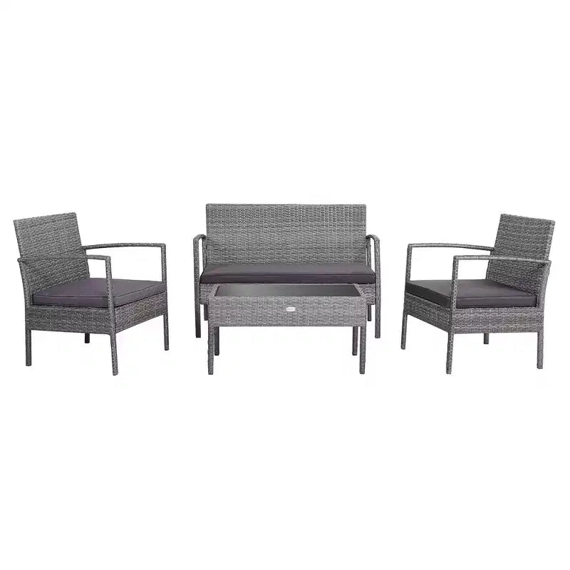 Costway Salon de Jardin 4 Pièces en Rotin Meubles de Patio Canapé Causeuse avec Coussins Gris