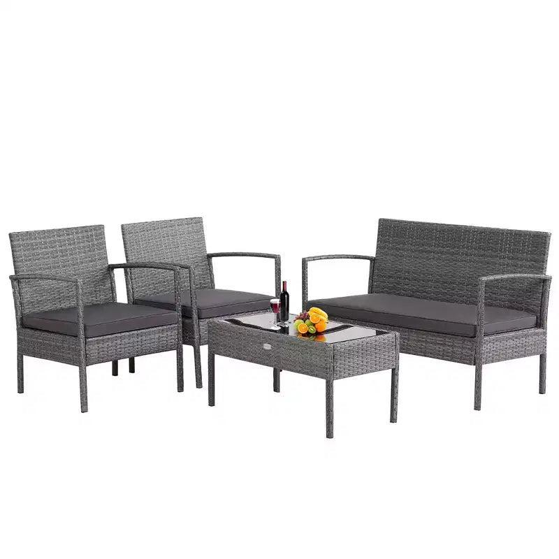 Costway Salon de Jardin 4 Pièces en Rotin Meubles de Patio Canapé Causeuse avec Coussins Gris