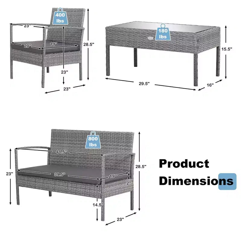 Costway Salon de Jardin 4 Pièces en Rotin Meubles de Patio Canapé Causeuse avec Coussins Gris