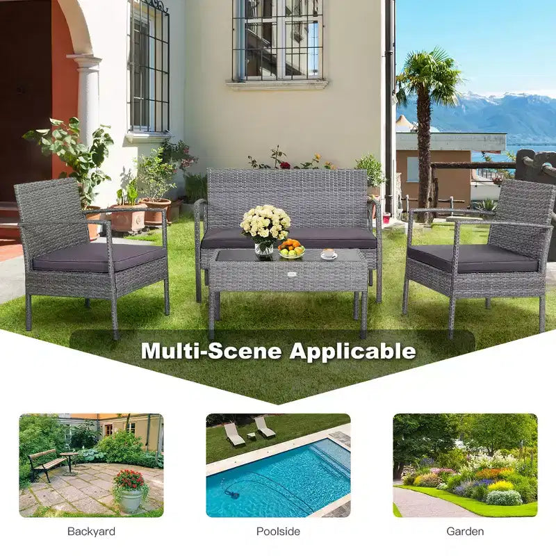 Costway Salon de Jardin 4 Pièces en Rotin Meubles de Patio Canapé Causeuse avec Coussins Gris