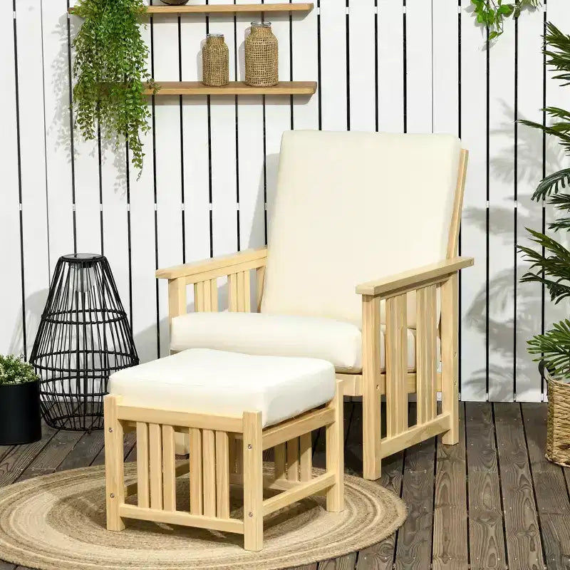 Ensemble de mobilier de jardin Outsunny, chaise de patio en bois avec pouf, chaise longue de jardin rembourrée 2 pièces, fauteuil avec repose-pieds, beige
