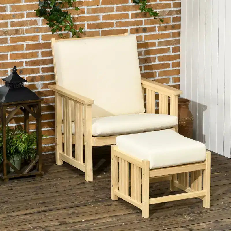 Ensemble de mobilier de jardin Outsunny, chaise de patio en bois avec pouf, chaise longue de jardin rembourrée 2 pièces, fauteuil avec repose-pieds, beige