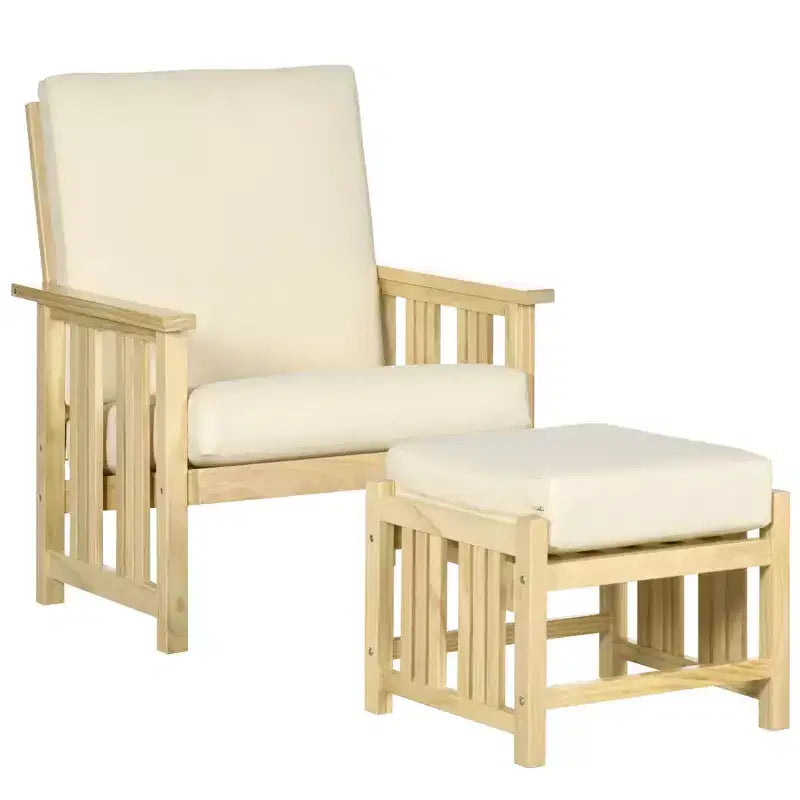 Ensemble de mobilier de jardin Outsunny, chaise de patio en bois avec pouf, chaise longue de jardin rembourrée 2 pièces, fauteuil avec repose-pieds, beige