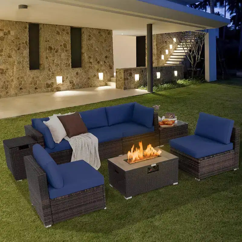 Costway Ensemble de Meubles de Patio en Rotin 8 Pièces Table Brasero Housse de Réservoir de Gaz pour Terrasse Crème/Noir/Bleu Marine/Rouge/Turquoise