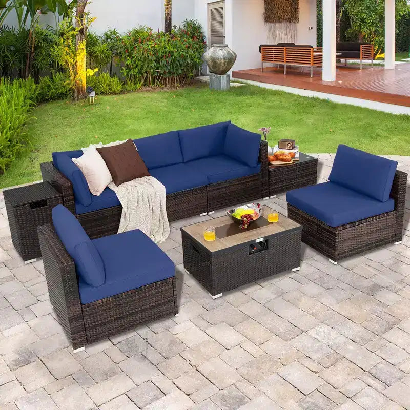 Costway Ensemble de Meubles de Patio en Rotin 8 Pièces Table Brasero Housse de Réservoir de Gaz pour Terrasse Crème/Noir/Bleu Marine/Rouge/Turquoise