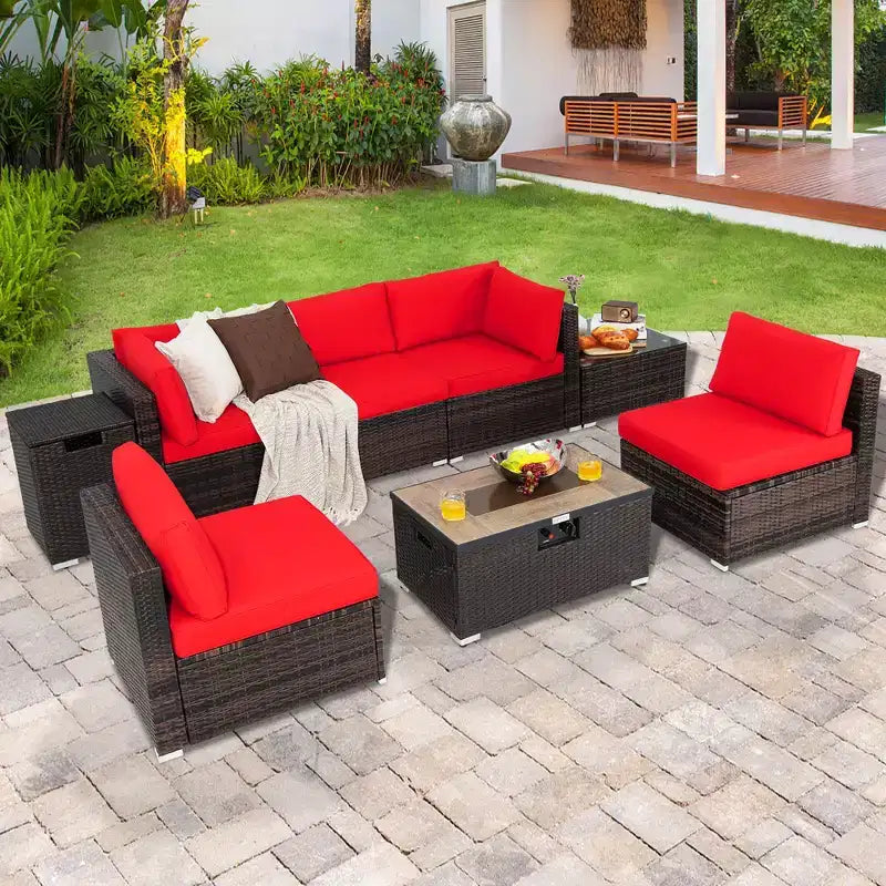 Costway Ensemble de Meubles de Patio en Rotin 8 Pièces Table Brasero Housse de Réservoir de Gaz pour Terrasse Crème/Noir/Bleu Marine/Rouge/Turquoise