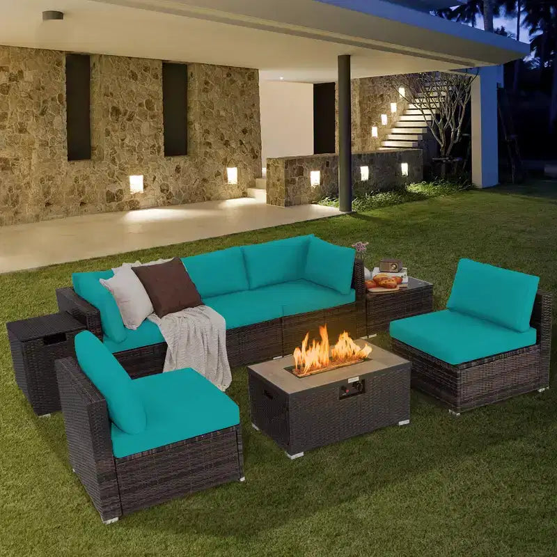 Costway Ensemble de Meubles de Patio en Rotin 8 Pièces Table Brasero Housse de Réservoir de Gaz pour Terrasse Crème/Noir/Bleu Marine/Rouge/Turquoise