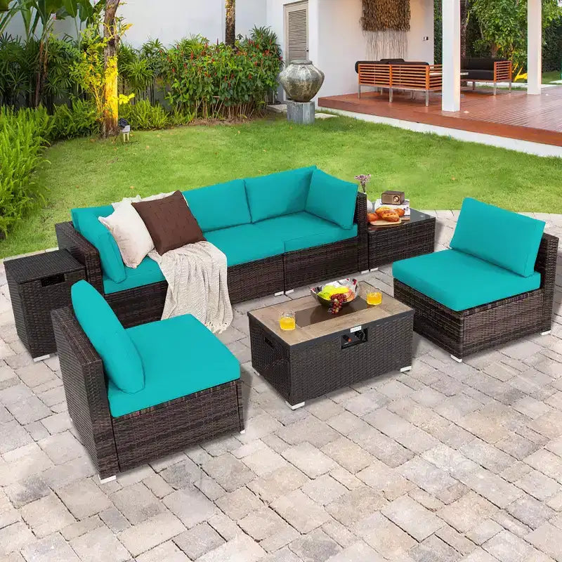 Costway Ensemble de Meubles de Patio en Rotin 8 Pièces Table Brasero Housse de Réservoir de Gaz pour Terrasse Crème/Noir/Bleu Marine/Rouge/Turquoise