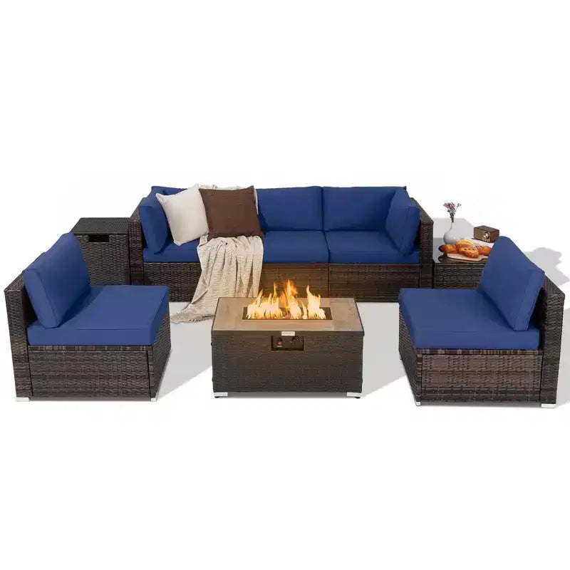 Costway Ensemble de Meubles de Patio en Rotin 8 Pièces Table Brasero Housse de Réservoir de Gaz pour Terrasse Crème/Noir/Bleu Marine/Rouge/Turquoise