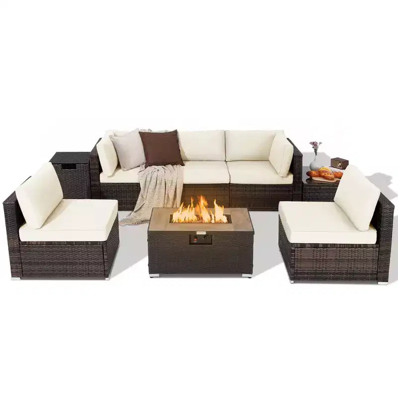 Costway Ensemble de Meubles de Patio en Rotin 8 Pièces Table Brasero Housse de Réservoir de Gaz pour Terrasse Crème/Noir/Bleu Marine/Rouge/Turquoise