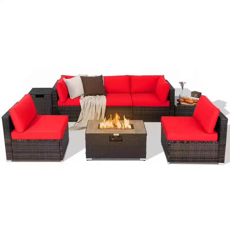Costway Ensemble de Meubles de Patio en Rotin 8 Pièces Table Brasero Housse de Réservoir de Gaz pour Terrasse Crème/Noir/Bleu Marine/Rouge/Turquoise