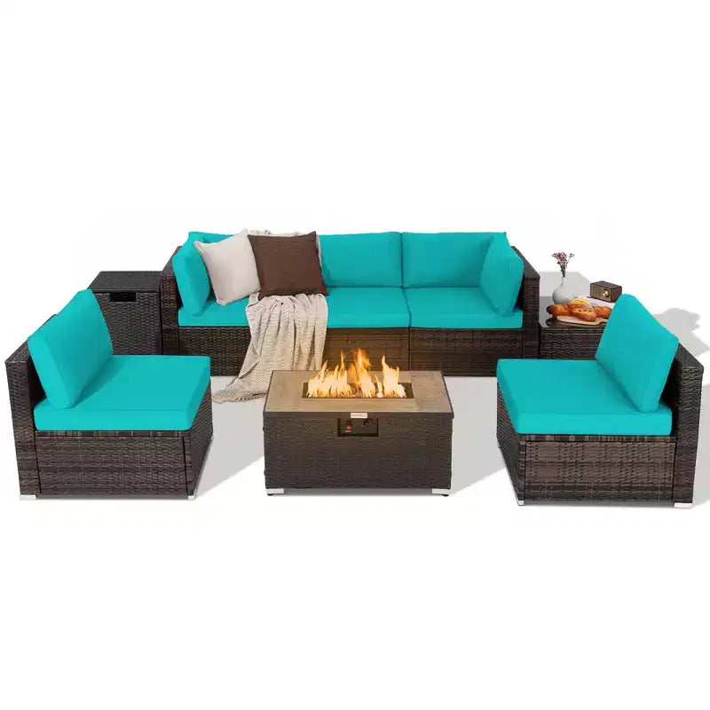 Costway Ensemble de Meubles de Patio en Rotin 8 Pièces Table Brasero Housse de Réservoir de Gaz pour Terrasse Crème/Noir/Bleu Marine/Rouge/Turquoise