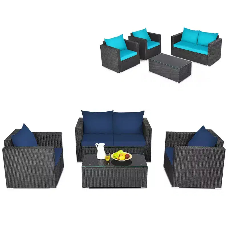 Costway Ensemble de Meubles de Patio en Rotin 4 Pièces Canapé et Causeuse Rembourrés avec Housse Bleu Marine et Turquoise