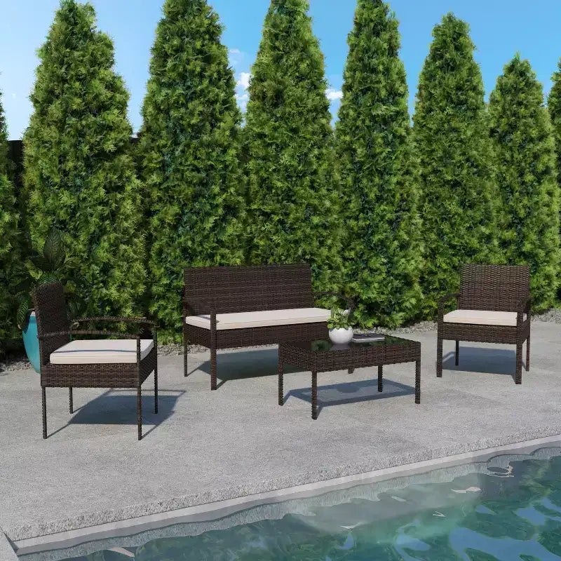 Flash Furniture Ensemble de patio 4 pièces Aransas avec structure en acier et coussins