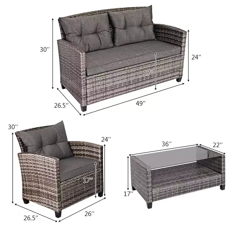 Costway Salon de Jardin en Résine Tressée 4 ou 8 Pièces avec Table Basse et Coussins pour Jardin, Pelouse, Gris