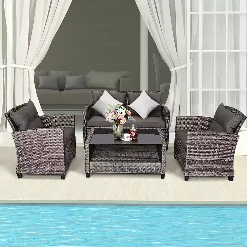 Costway Salon de Jardin en Résine Tressée 4 ou 8 Pièces avec Table Basse et Coussins pour Jardin, Pelouse, Gris
