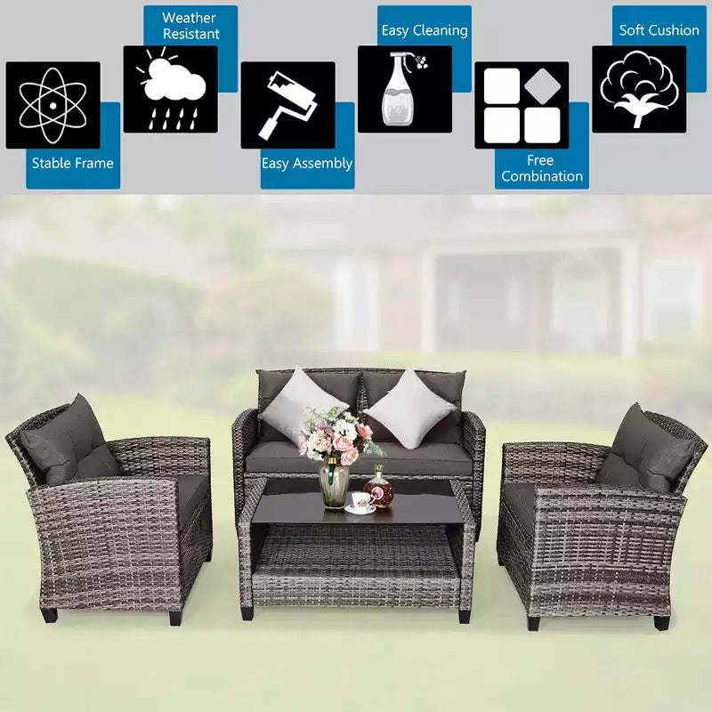 Costway Salon de Jardin en Résine Tressée 4 ou 8 Pièces avec Table Basse et Coussins pour Jardin, Pelouse, Gris