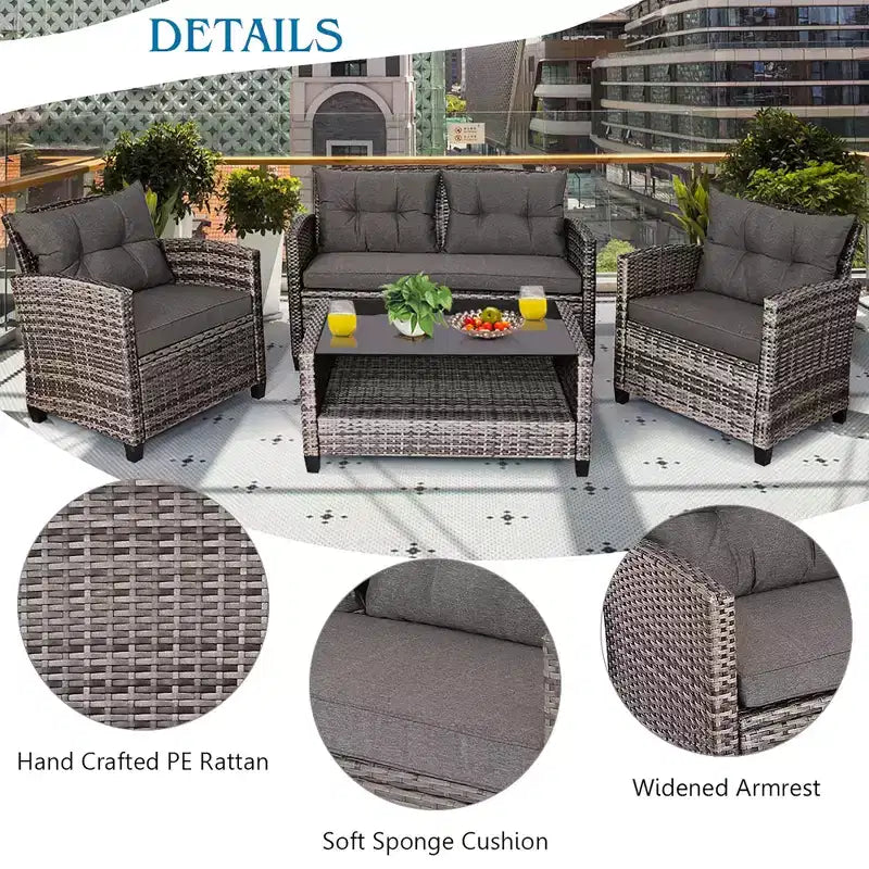 Costway Salon de Jardin en Résine Tressée 4 ou 8 Pièces avec Table Basse et Coussins pour Jardin, Pelouse, Gris