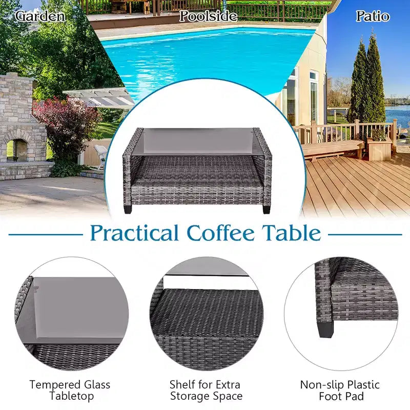 Costway Salon de Jardin en Résine Tressée 4 ou 8 Pièces avec Table Basse et Coussins pour Jardin, Pelouse, Gris