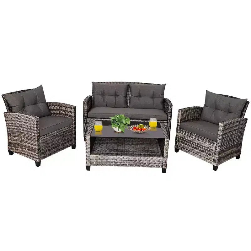 Costway Salon de Jardin en Résine Tressée 4 ou 8 Pièces avec Table Basse et Coussins pour Jardin, Pelouse, Gris
