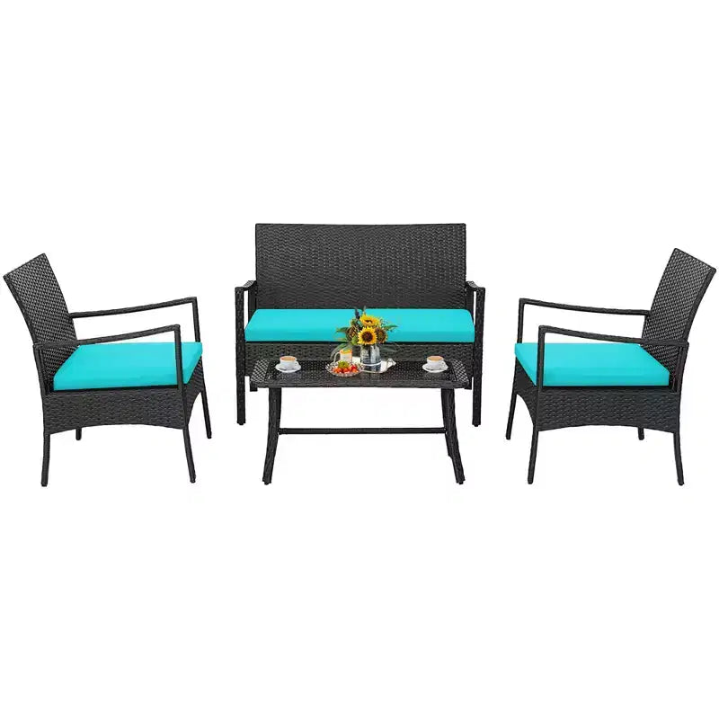 Costway Ensemble de Meubles de Jardin en Rotin 4 pièces avec Chaises Rembourrées, Causeuse et Table Basse