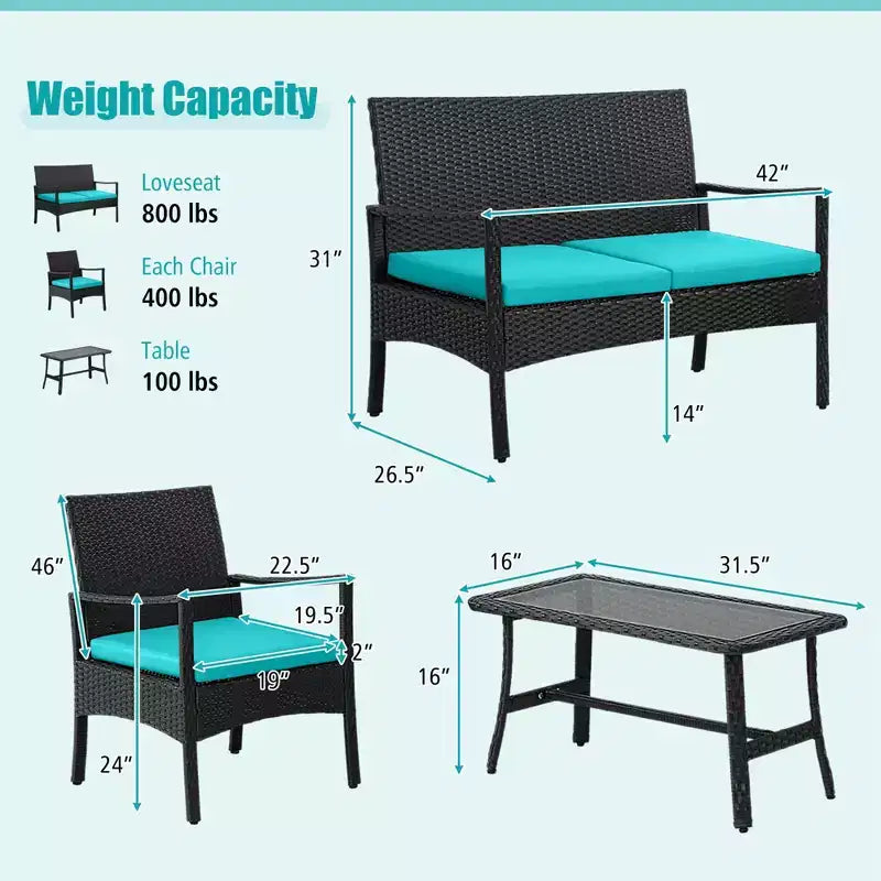 Costway Ensemble de Meubles de Jardin en Rotin 4 pièces avec Chaises Rembourrées, Causeuse et Table Basse