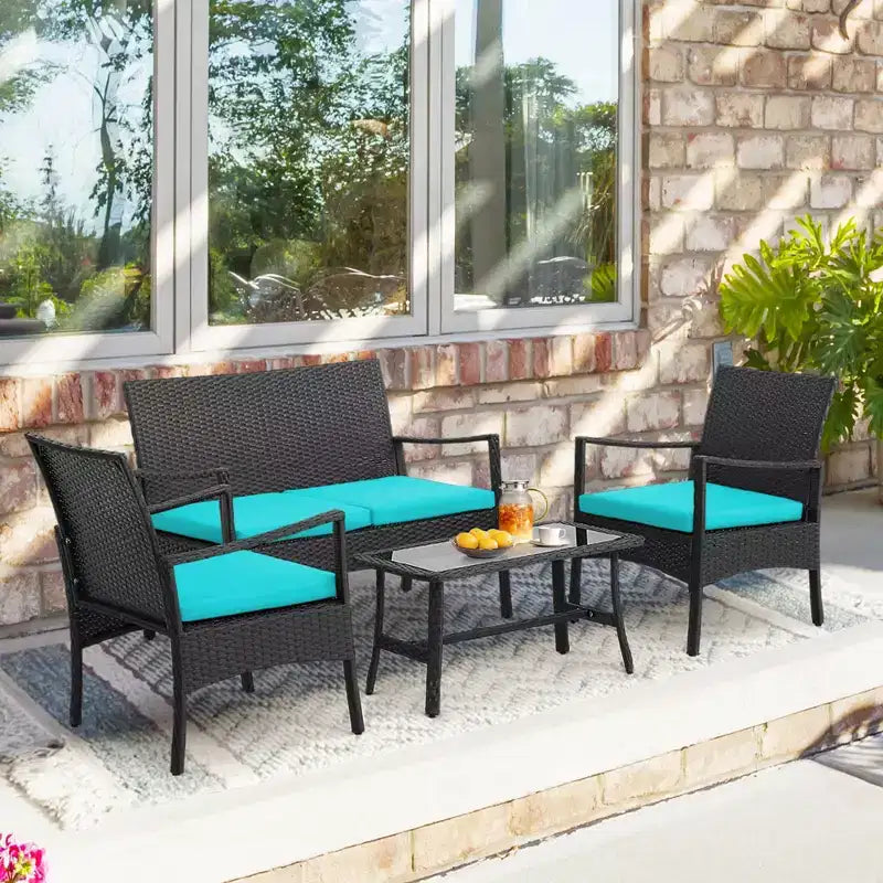 Costway Ensemble de Meubles de Jardin en Rotin 4 pièces avec Chaises Rembourrées, Causeuse et Table Basse