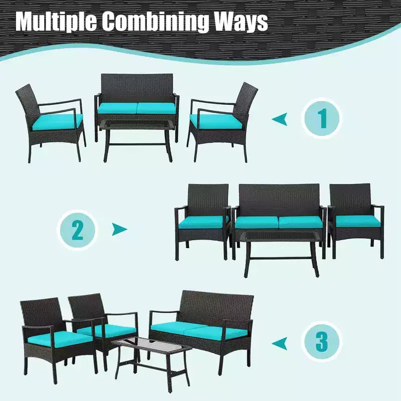 Costway Ensemble de Meubles de Jardin en Rotin 4 pièces avec Chaises Rembourrées, Causeuse et Table Basse
