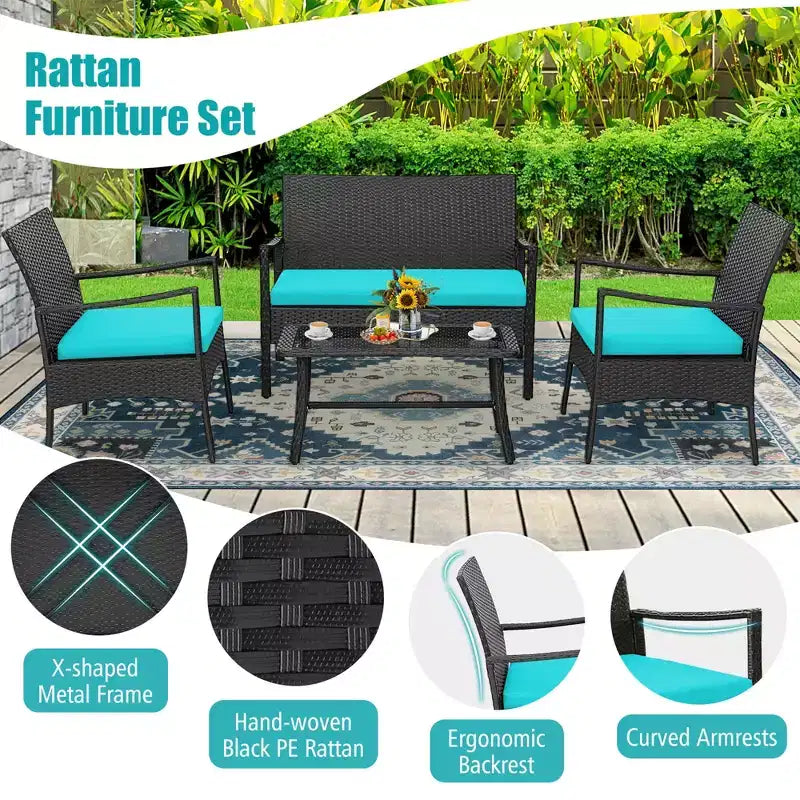 Costway Ensemble de Meubles de Jardin en Rotin 4 pièces avec Chaises Rembourrées, Causeuse et Table Basse