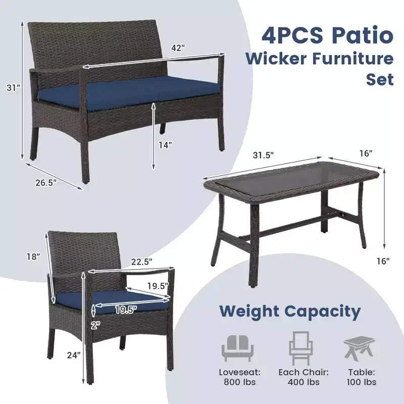 Costway Ensemble de Meubles de Patio en Rotin 4 Pièces avec Canapé Rembourré, Accoudoir, Table Basse, Bleu Marine