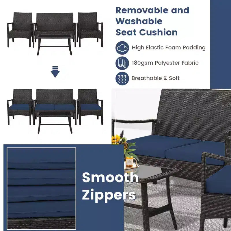 Costway Ensemble de Meubles de Patio en Rotin 4 Pièces avec Canapé Rembourré, Accoudoir, Table Basse, Bleu Marine
