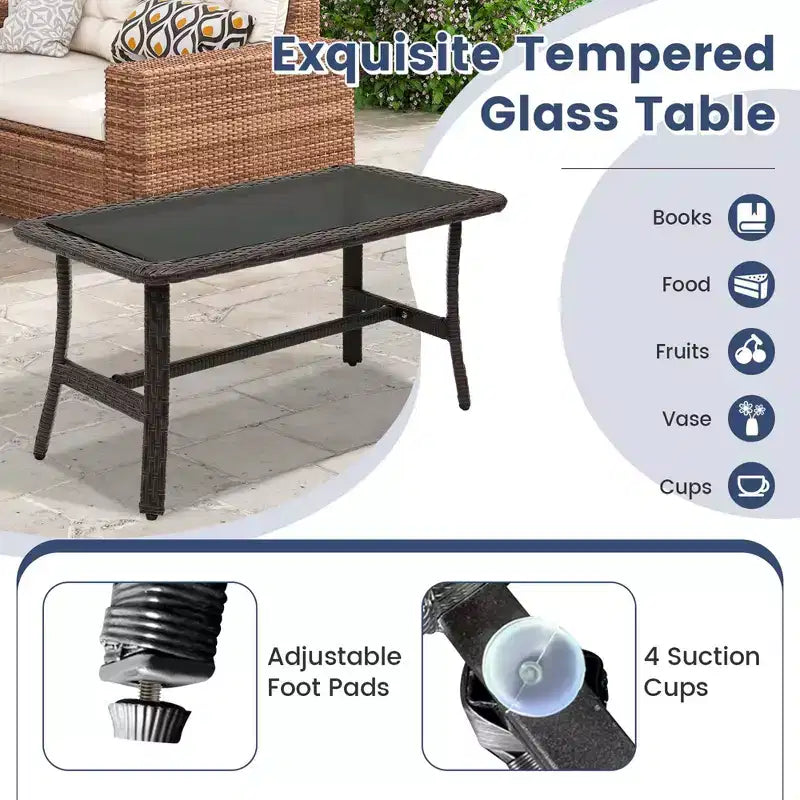 Costway Ensemble de Meubles de Patio en Rotin 4 Pièces avec Canapé Rembourré, Accoudoir, Table Basse, Bleu Marine