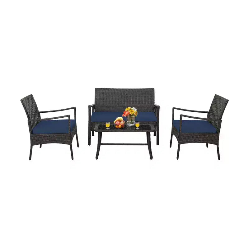 Costway Ensemble de Meubles de Patio en Rotin 4 Pièces avec Canapé Rembourré, Accoudoir, Table Basse, Bleu Marine