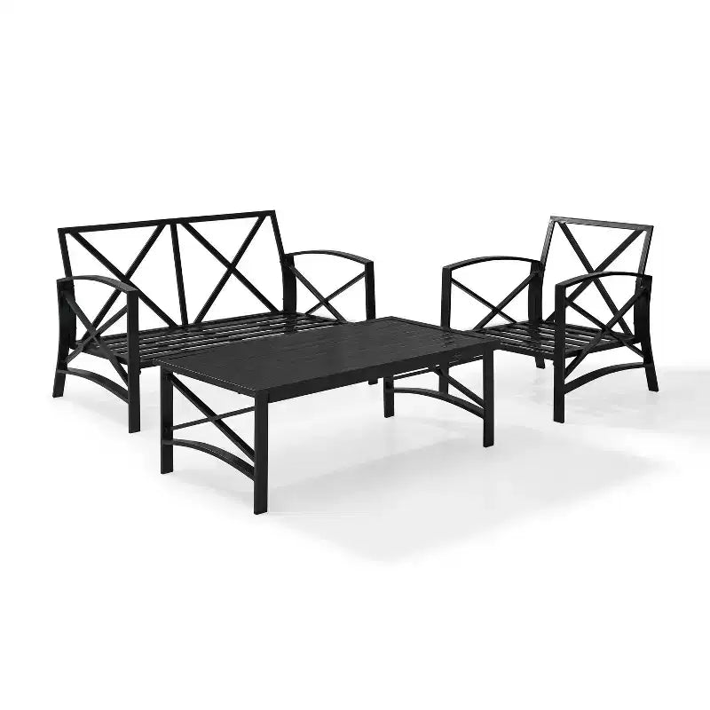 Ensemble de mobilier d'extérieur 3 pièces en acier Kaplan Crosley avec causeuse, fauteuil et table basse