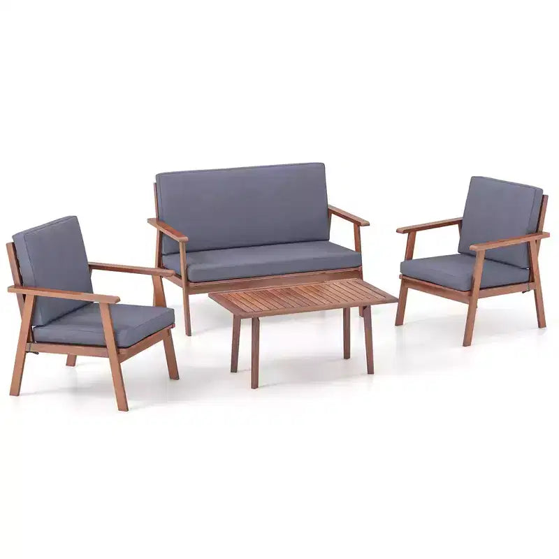 Costway Ensemble de Conversation de Patio 4 Pièces en Bois d'Acacia avec Canapé Table Basse et Coussins