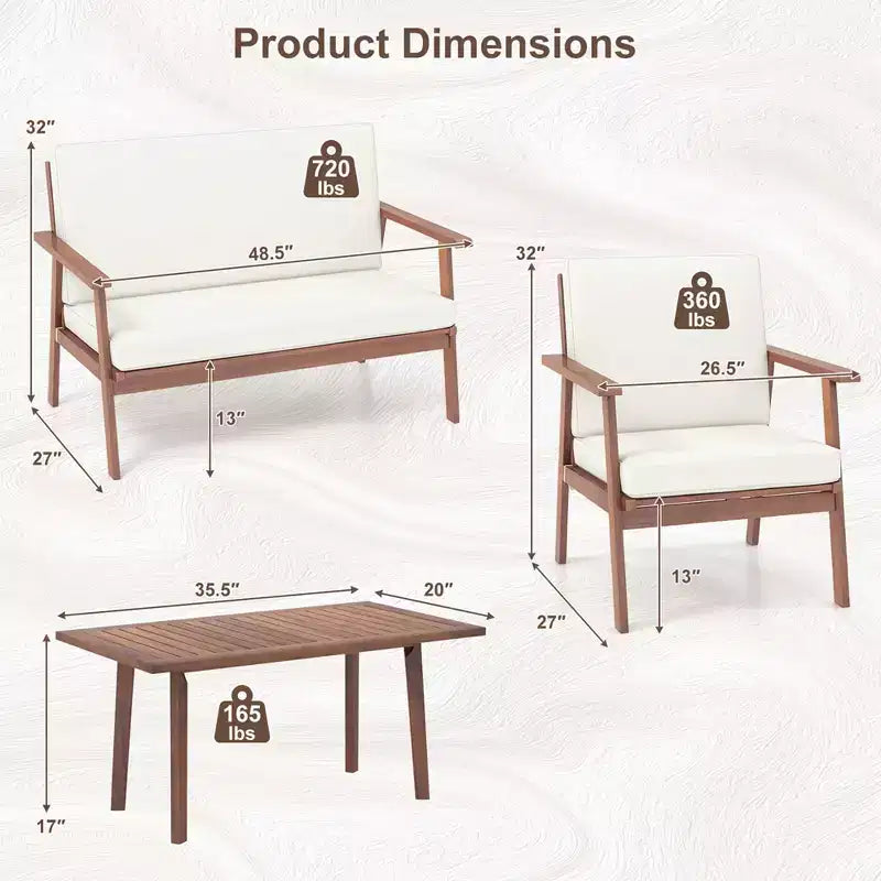 Costway Ensemble de Conversation de Patio 4 Pièces en Bois d'Acacia avec Canapé Table Basse et Coussins