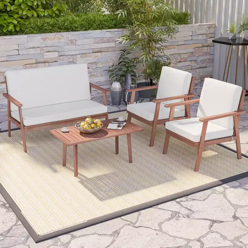 Costway Ensemble de Conversation de Patio 4 Pièces en Bois d'Acacia avec Canapé Table Basse et Coussins