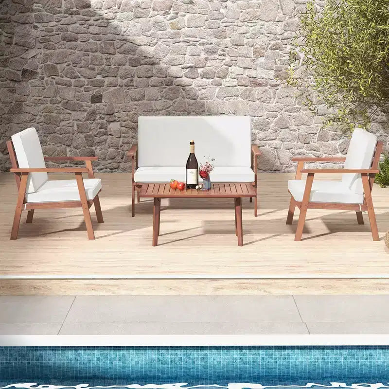 Costway Ensemble de Conversation de Patio 4 Pièces en Bois d'Acacia avec Canapé Table Basse et Coussins