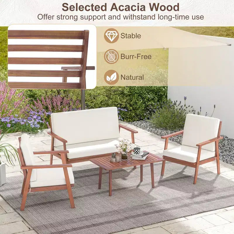 Costway Ensemble de Conversation de Patio 4 Pièces en Bois d'Acacia avec Canapé Table Basse et Coussins
