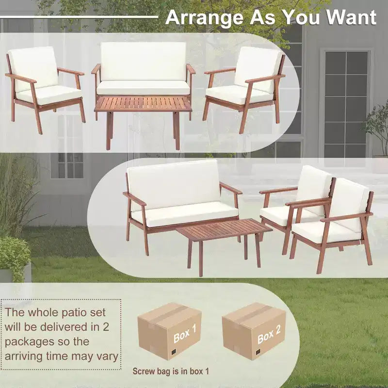 Costway Ensemble de Conversation de Patio 4 Pièces en Bois d'Acacia avec Canapé Table Basse et Coussins