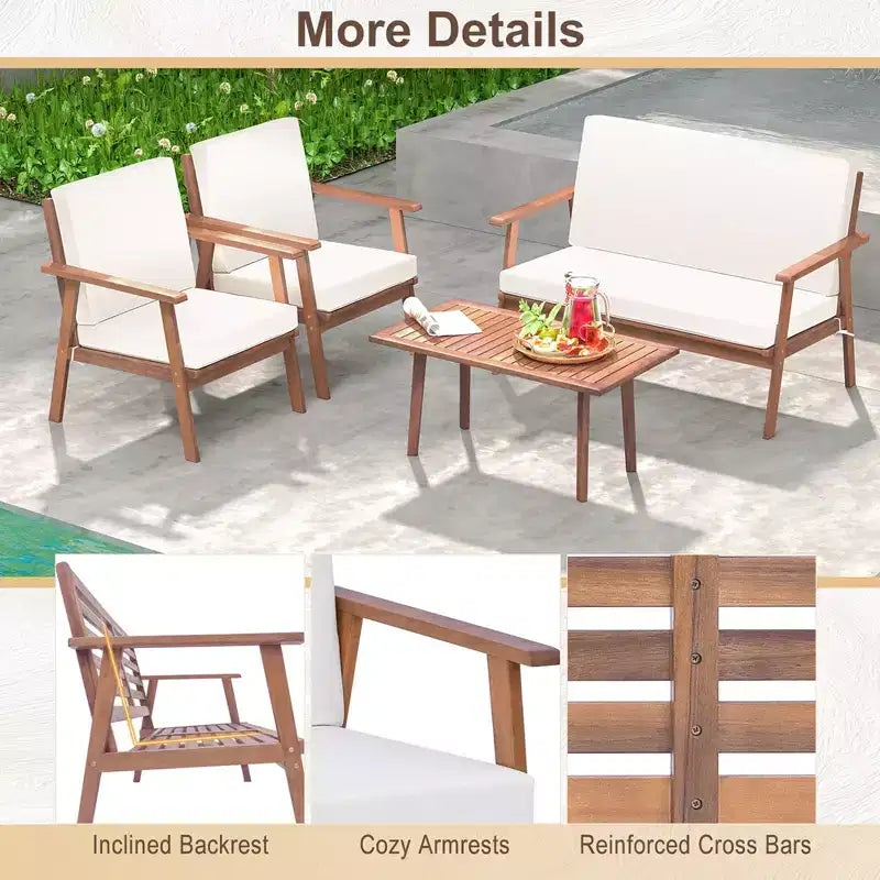 Costway Ensemble de Conversation de Patio 4 Pièces en Bois d'Acacia avec Canapé Table Basse et Coussins